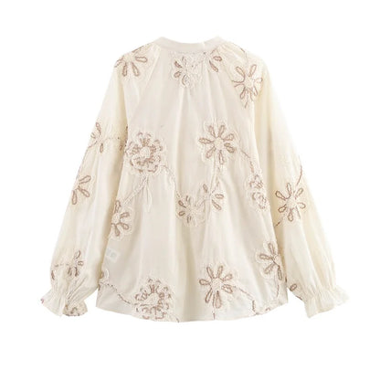 MUJER Flower Embroidered Blouses for Women Tassel Casual Shirts and Blouses Woman Ruched Beach Women's Blouse Summer Boho Tops