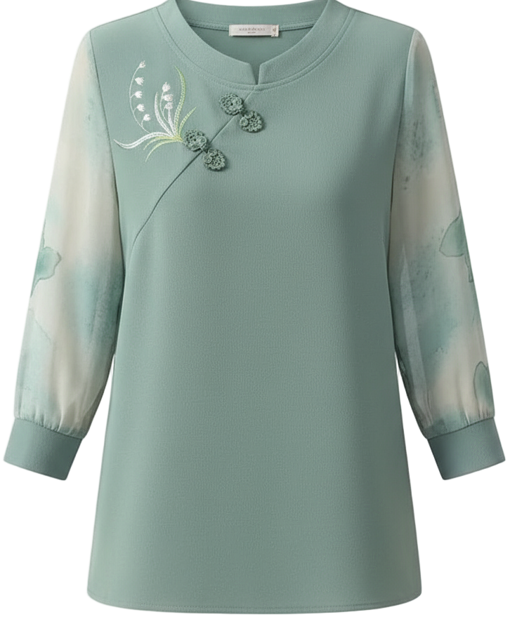 Women’s Floral Embroidery Blouse – Casual Printed O-Neck Top, Spring/Fall, Chinese Folk Buckle Shirt | NZ | Strylez Virtual Try-On