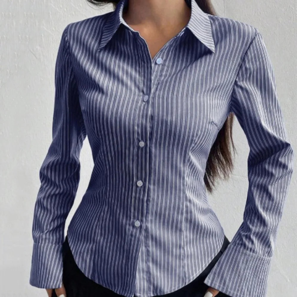 Casual Classic Striped Long Sleeved Blouse Single-breasted V-neck Stripe Shirts for Women Simple Thin Retro Chic Tops Women
