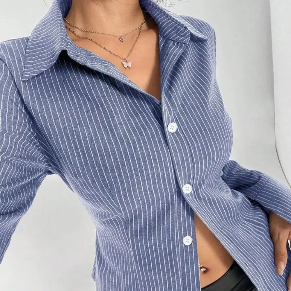 Casual Classic Striped Long Sleeved Blouse Single-breasted V-neck Stripe Shirts for Women Simple Thin Retro Chic Tops Women