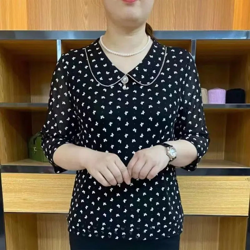 Womens Peter Pan Collar Blouse - Printed 3/4 Sleeve, Shirt with Pearl 3D Decor, NZ | Strylez Virtual Try-On
