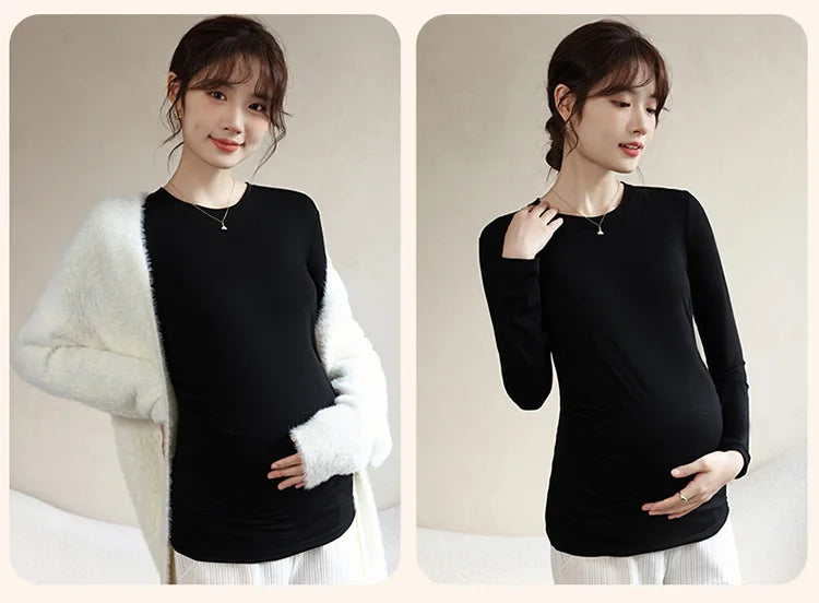 Maternity Spring Fall Round Neck Long-Sleeved Slim Thin Section Bottoming Shirt Pregnant Women's Solid Elastic Soft Homewear