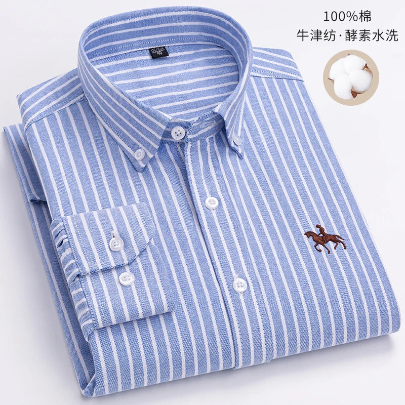 Quality 100% Cotton Oxford Shirt Men's Long Sleeve Embroidered Horse Casual Without Pocket Solid Yellow Dress Shirts Men 5XL 6XL