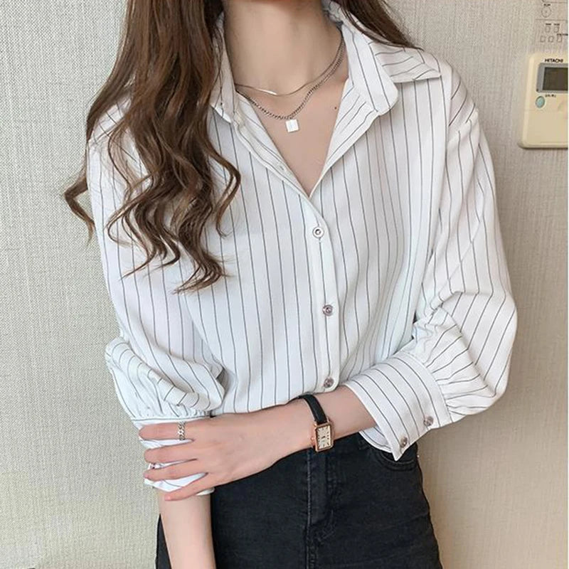 Striped Shirt Women Summer Vintage Chic Loose Long Sleeve Top - Y2K Office Casual Blouse | New Zealand | Strylez Virtual Try-On