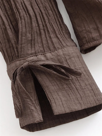 Women's Blouse New Summer 2025 Brown Long Sleeve Translucent Shirt Bow Decoration Sexy and Fashionable Personality and Versatile