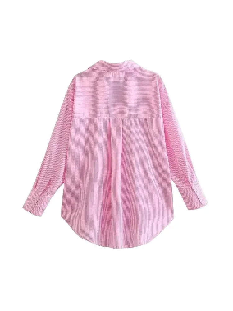 Striped Loose Shirts With Pocket for Women, Long Sleeve, Button-up Blouses, Chic Tops, Female Fashion