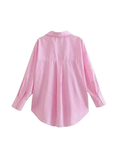 Striped Loose Shirts With Pocket for Women, Long Sleeve, Button-up Blouses, Chic Tops, Female Fashion