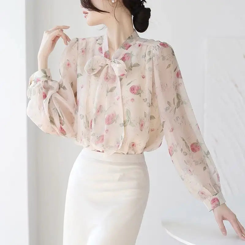 Blouse Women Pink Floral Tops Fall Newly Trendy Bow Vintage Gentle Sweet Casual French Puff Sleeve Ins Chic Stand Collar Lace-up