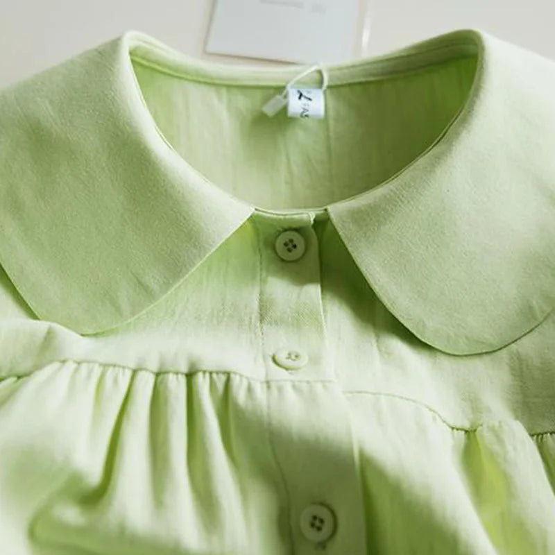 Blue Peter Pan Collar Loose Blouse - Short Sleeve, Single Breasted Women’s Shirt, Korean Fashion Tops 2024 Spring NZ | Strylez Virtual Try-On