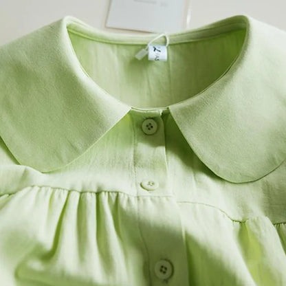 Blue Peter Pan Collar Single Breasted Short Sleeve Loose Women's Blouse Shirt Korean Fashion Female Clothing Tops 2024 Spring