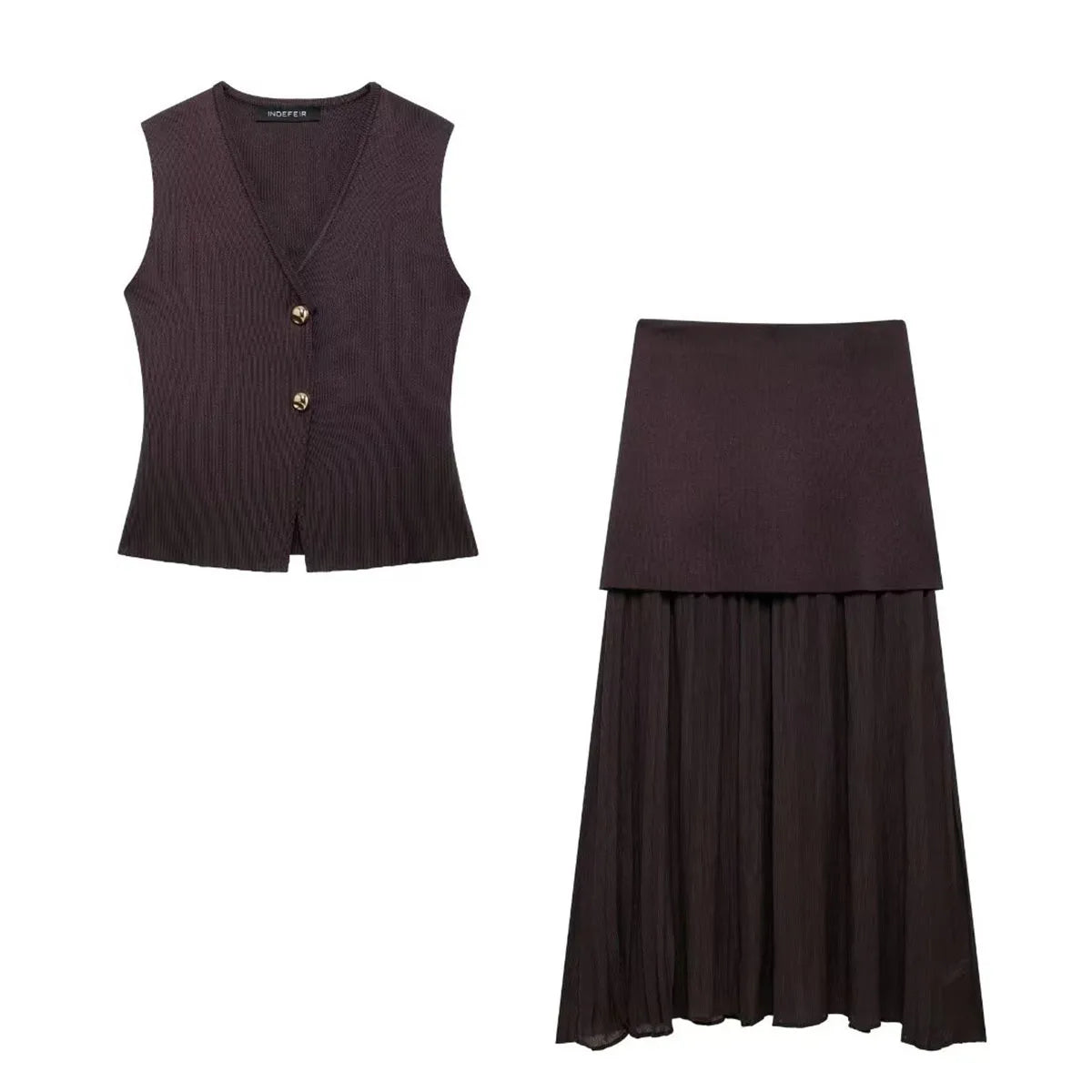 TRAFZA Women's Chic 2-Piece V-Neck Vest & High-Waist Zipper Skirt Set – NZ, Strylez Virtual Try-On