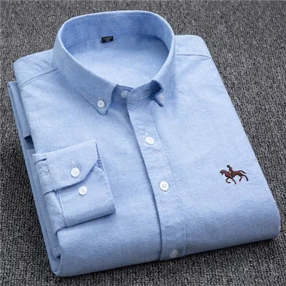 Casual Pure Cotton Oxford Mens Shirts Long Sleeve Embroidery Horse Design Regular Fit Fashion Button Man White Dress Shirt