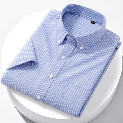 Luxury Men's Oxford Shirt 100% Cotton Short Sleeve Causal Stripe Solid Summer Basic Business Formal Social White Slim Fit Blouse