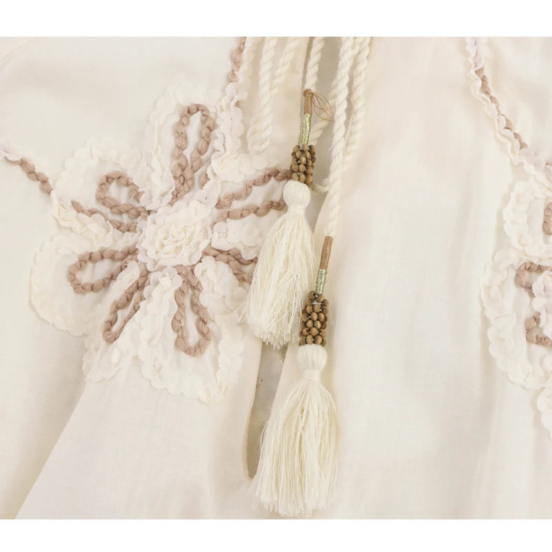 MUJER Flower Embroidered Blouses for Women Tassel Casual Shirts and Blouses Woman Ruched Beach Women's Blouse Summer Boho Tops