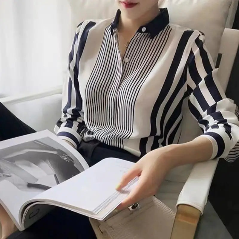 Striped Women’s Blouse – Long Sleeve, Polo Collar, Office/All‑Match Shirt, 2023, NZ | Strylez App Virtual Try-On