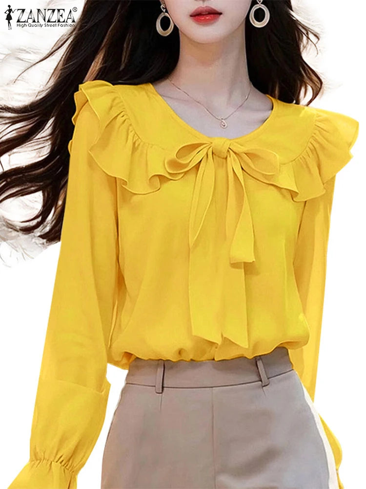ZANZEA Peter Pan Collar Blouse - Korean Style Solid Smock Top for Women, Tie-Front, NZ, Strylez Virtual Try-On