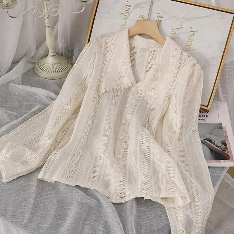 Women Peter Pan Collar Hollow-Out Shirt - Solid Elegant Top, French Style, New Zealand, Strylez Virtual Try-On