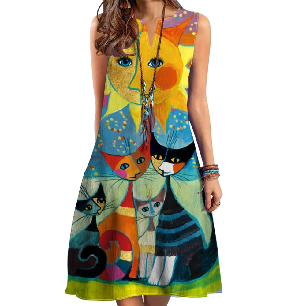 NZ Women's V-Neck Sleeveless Printed Dress, Large Hem - Cross-Border Foreign Trade, 2024 EU/US, Strylez Virtual Try-On