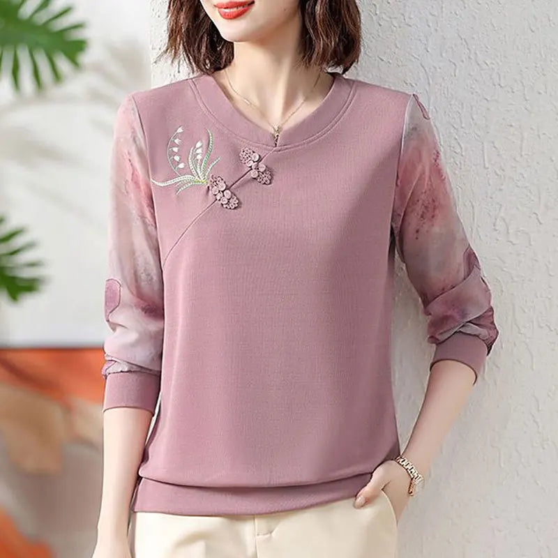 Women’s Floral Embroidery Blouse – Casual Printed O-Neck Top, Spring/Fall, Chinese Folk Buckle Shirt | NZ | Strylez Virtual Try-On