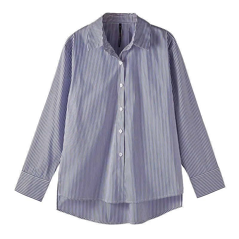 New Zealand Classic Striped Women’s Spring Autumn Blouse - Lantern Sleeve, Stand Collar, Loose Top | Strylez App Virtual Try-On