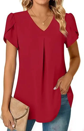 Elegant Women's Top Blouse 2024 Summer Flower – Short Sleeve V-Neck Office/Work, Commuter Shirt S-XXL | NZ | Strylez Virtual Try-On
