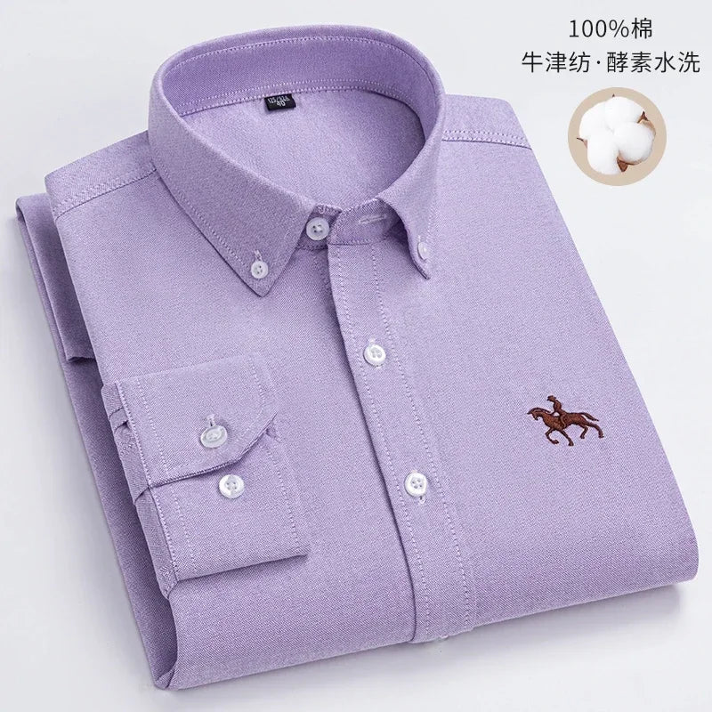 2024 Men Shirt Floral Long Sleeve Casual 100% Cotton Oxford Man Leisure Embroidered Horse Shirts Streetwear Oversized  Plus Size