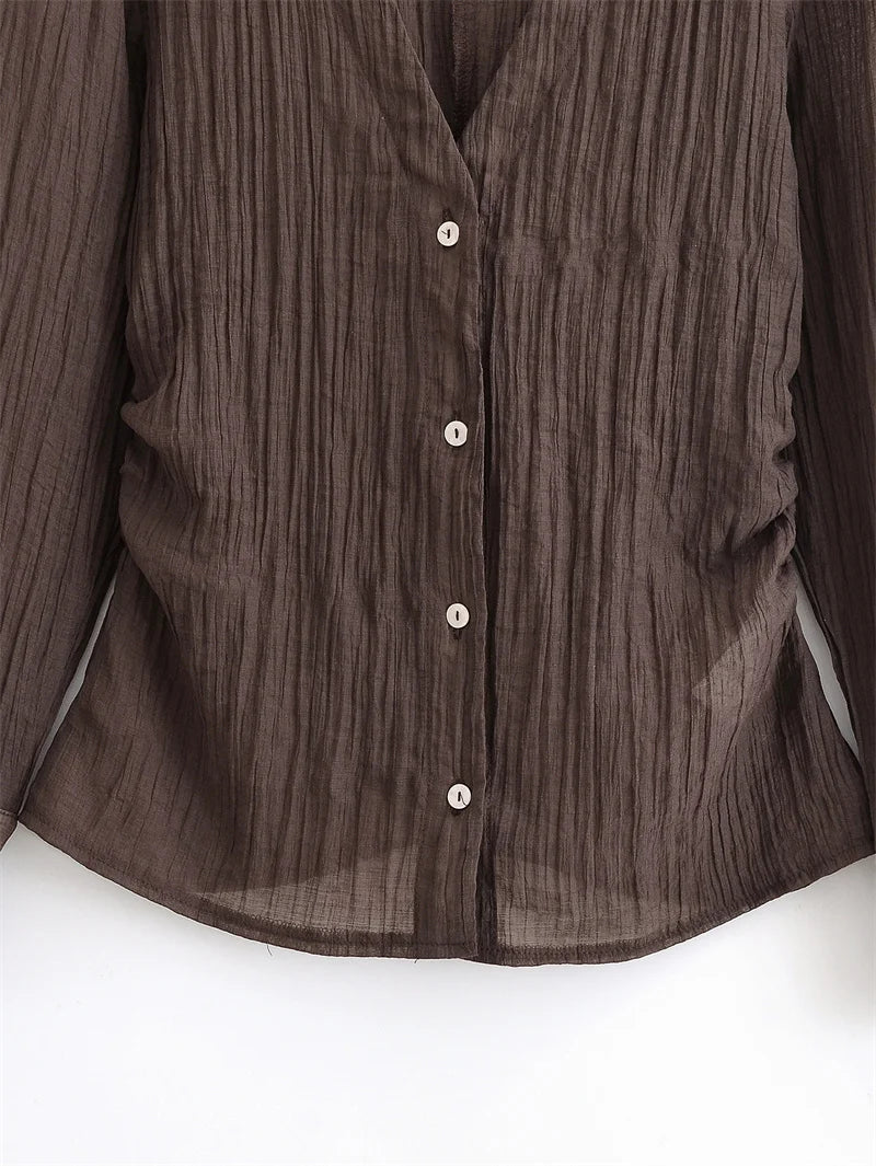 Women's Blouse New Summer 2025 Brown Long Sleeve Translucent Shirt Bow Decoration Sexy and Fashionable Personality and Versatile