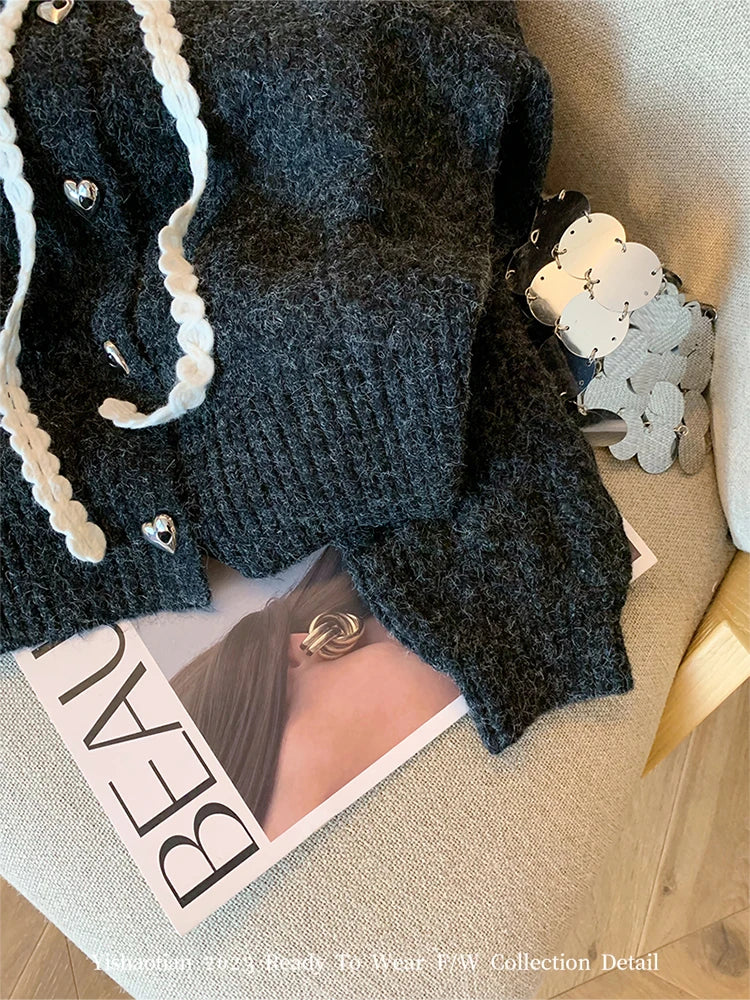 French Peter Pan Collar Luxury Cardigans Lace Up Slim Chic Women's New Knitwear 2023 Autumn Winter Streetwear Japanese Fashion