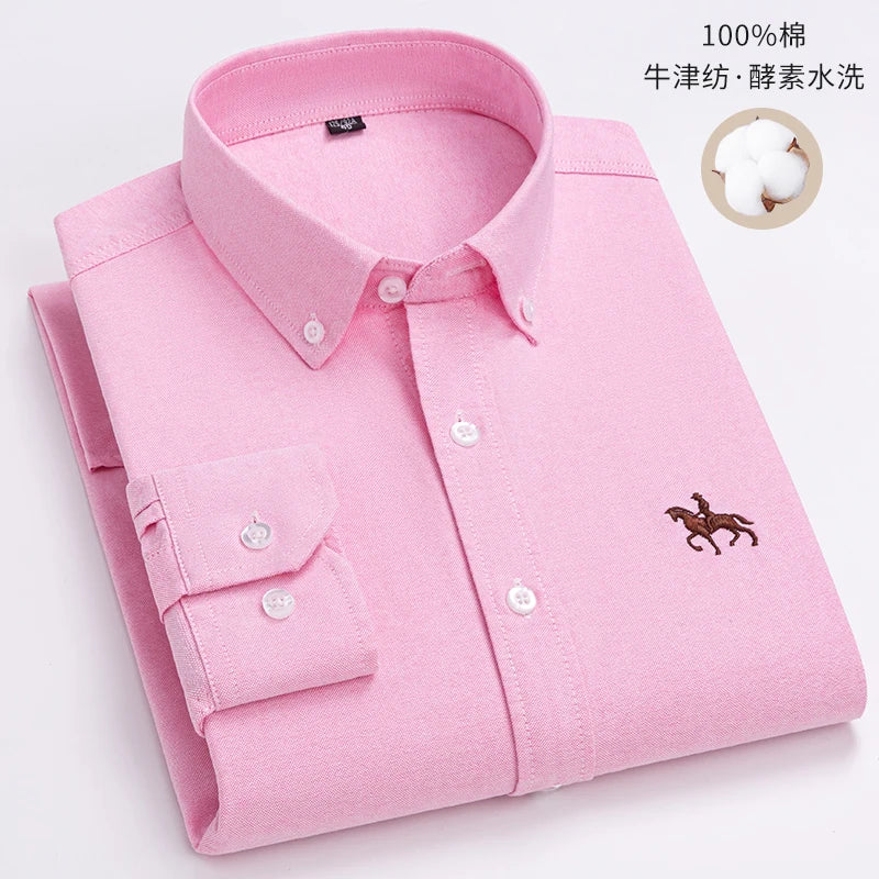 Quality 100% Cotton Oxford Shirt Men's Long Sleeve Embroidered Horse Casual Without Pocket Solid Yellow Dress Shirts Men 5XL 6XL