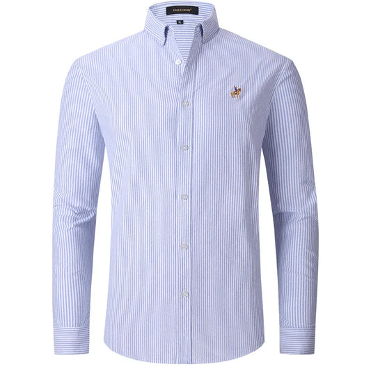New Pure Cotton Oxford Embroidered Horse Casual Without Pocket Solid Shirt Men's Long Sleeve Dress Shirts Men Business Slim Fit