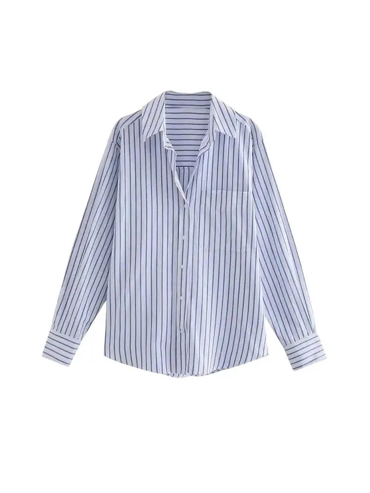 Women's Striped Loose Shirt with Pocket - Long Sleeve Button-Up Blouse, Chic Top | New Zealand | Strylez Virtual Try-On