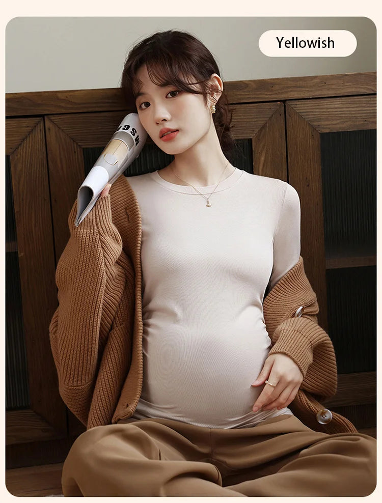 Maternity Spring Fall Round Neck Long-Sleeved Slim Thin Section Bottoming Shirt Pregnant Women's Solid Elastic Soft Homewear