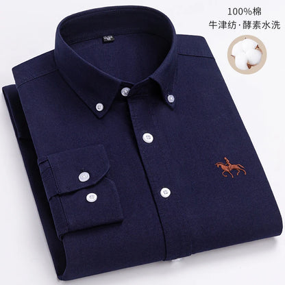 Fashion Strip 100% Oxford Embroidered Horse Casual Without Pocket Solid Plaid Shirts Men's Long Sleeve Dress Shirt Men Plus Size