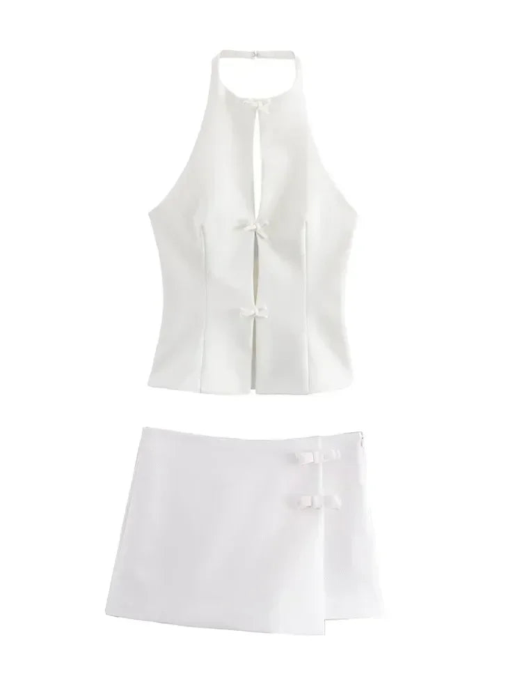 Pink Bow Halter Crop Top & Asymmetrical Shorts Set – New Zealand, Women's Two-Piece, Strylez Virtual Try-On