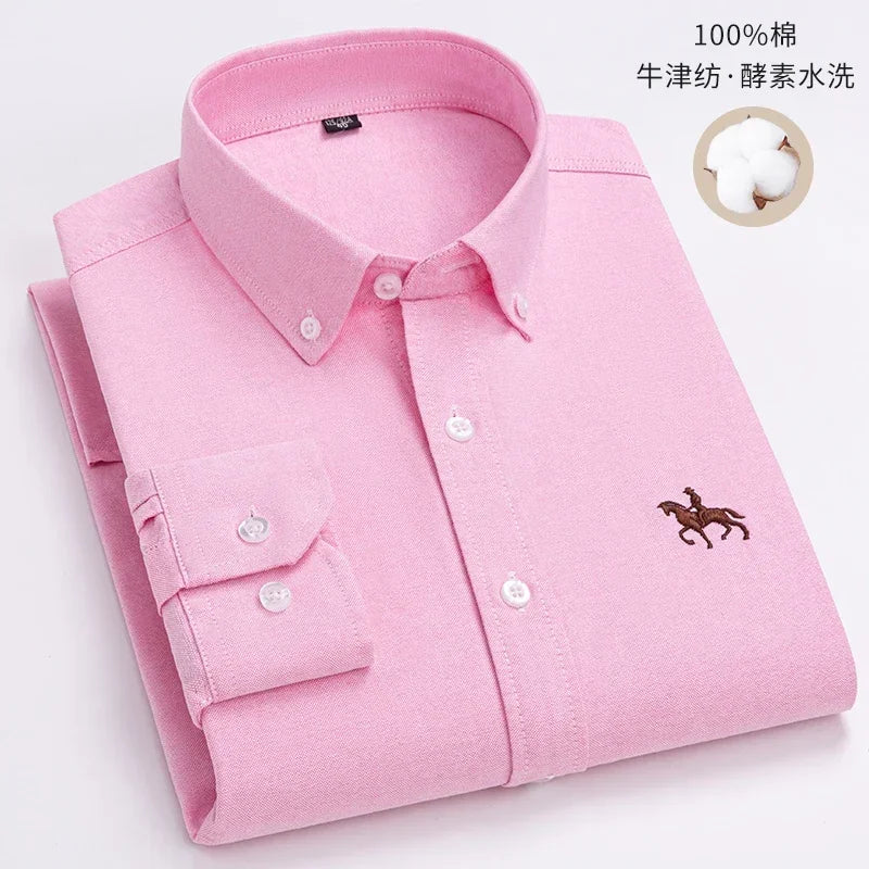 2024 Men Shirt Floral Long Sleeve Casual 100% Cotton Oxford Man Leisure Embroidered Horse Shirts Streetwear Oversized  Plus Size
