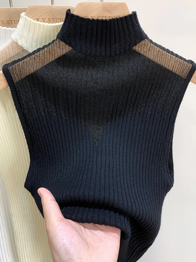 Mesh Knitted Top Women Y2K Tank Half-Neck Sleeveless Vest Chic Cut-Out Streetwear Tube Top NZ | Strylez Virtual Try-On