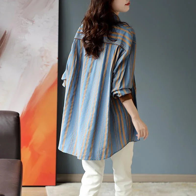 Spring & Autumn Striped Loose Blouse for Women - Casual Vintage Long Sleeve Top, Elegant All-Match Shirt, NZ | Strylez Virtual Try-On