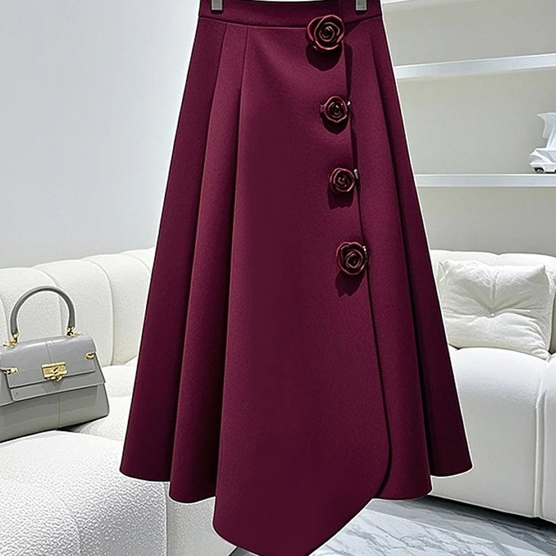 Elegant 2024 Red A-line High Waist Skirt – Playful Korean Autumn Style
