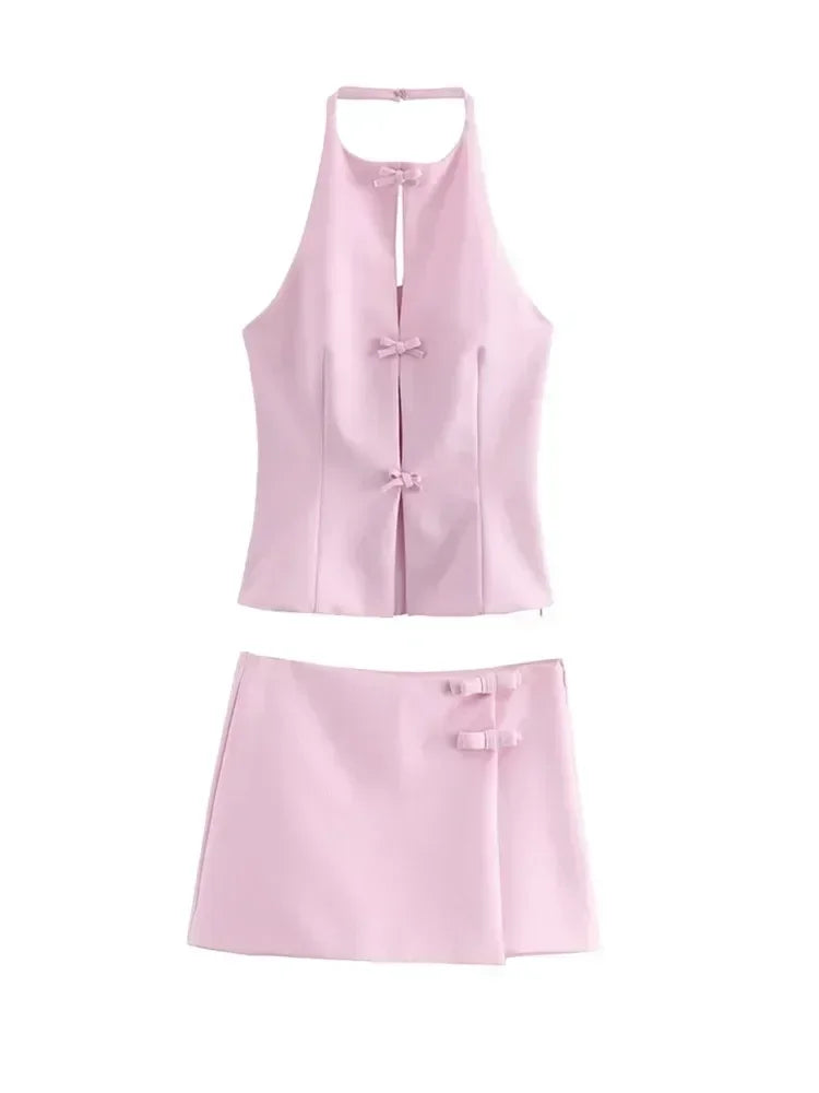 Pink Bow Halter Crop Top and Asymmetrical Shorts Set