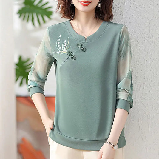 Fashion Flowers Embroidery Blouse Casual Printed Spliced Female Clothing O-Neck Spring Autumn Folk Chinese Disc Buckle Shirt New