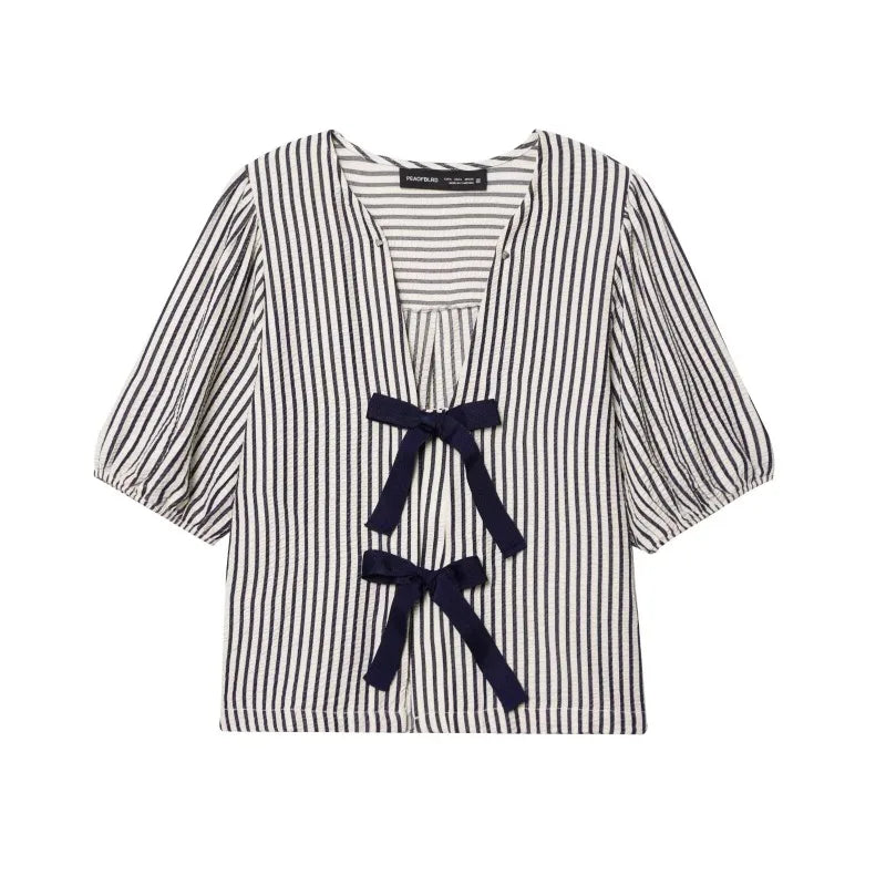 Woman Blouses Striped Chic Women Blouse Ladies Women's Top Pulovers Female Summer Short Sleeve Chiffon Pretty Office Wear