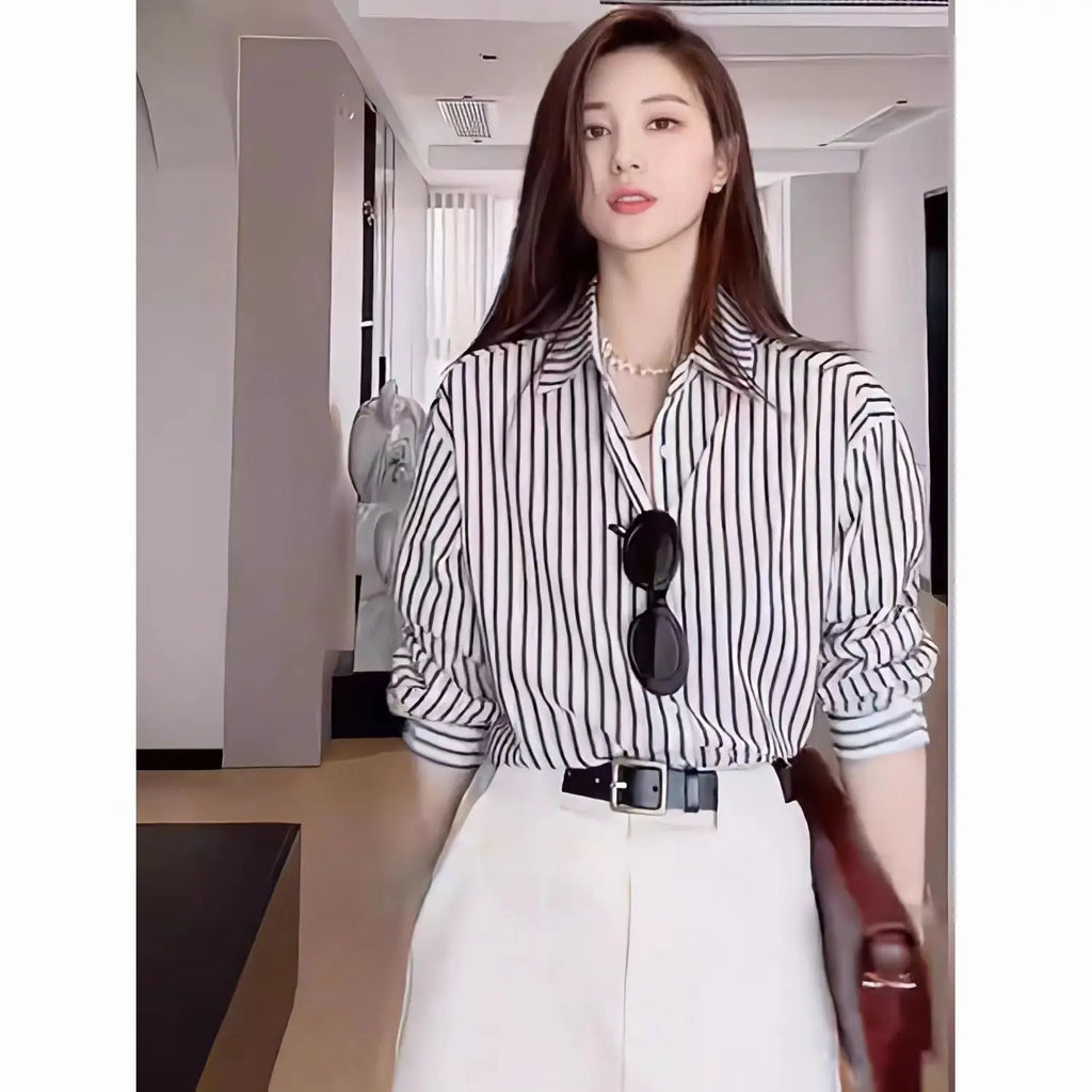 Black Striped Blouse for Women | Spring Casual Long Sleeve Top, Office/Workwear Shirt New Zealand | Strylez Virtual Try-On