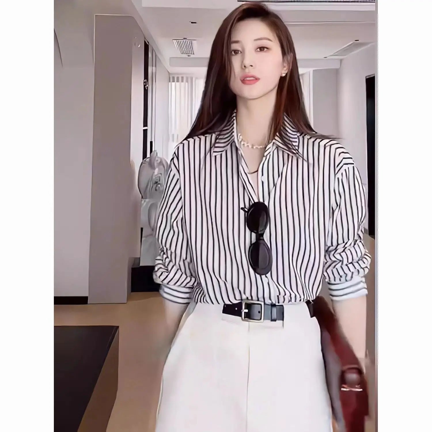 Black Striped Blouse for Women | Spring Casual Long Sleeve Top, Office/Workwear Shirt New Zealand | Strylez Virtual Try-On