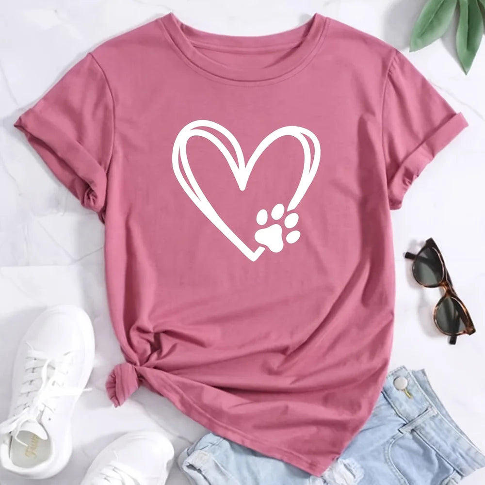 Plus Size Women’s T‑Shirt 2024 Summer Heart & Dog Footprint Print—Soft Elastic Casual Top, NZ Street Fashion | Strylez Virtual Try‑On
