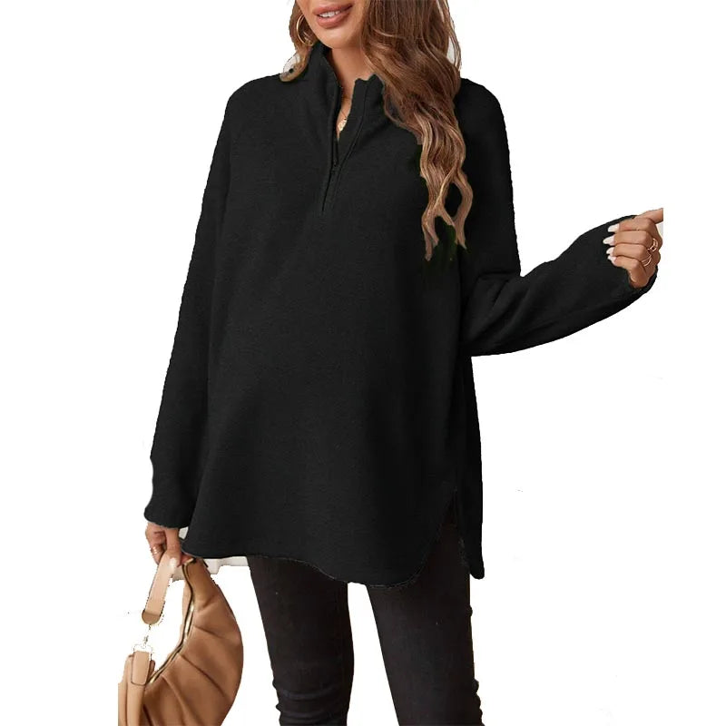 Maternity T-Shirt AutumnWinter Maternity Fashion Solid-Color Zipper Loose-Fit Long-Sleeve T-Shirt