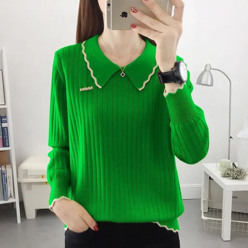 Fashion Peter Pan Collar Spliced All-match Knitted Blouse Women's Clothing 2022 Autumn New Loose Casual Pullovers Korean Shirt