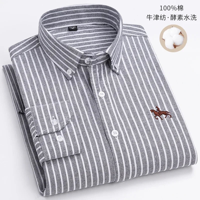 2024 Men Shirt Floral Long Sleeve Casual 100% Cotton Oxford Man Leisure Embroidered Horse Shirts Streetwear Oversized  Plus Size