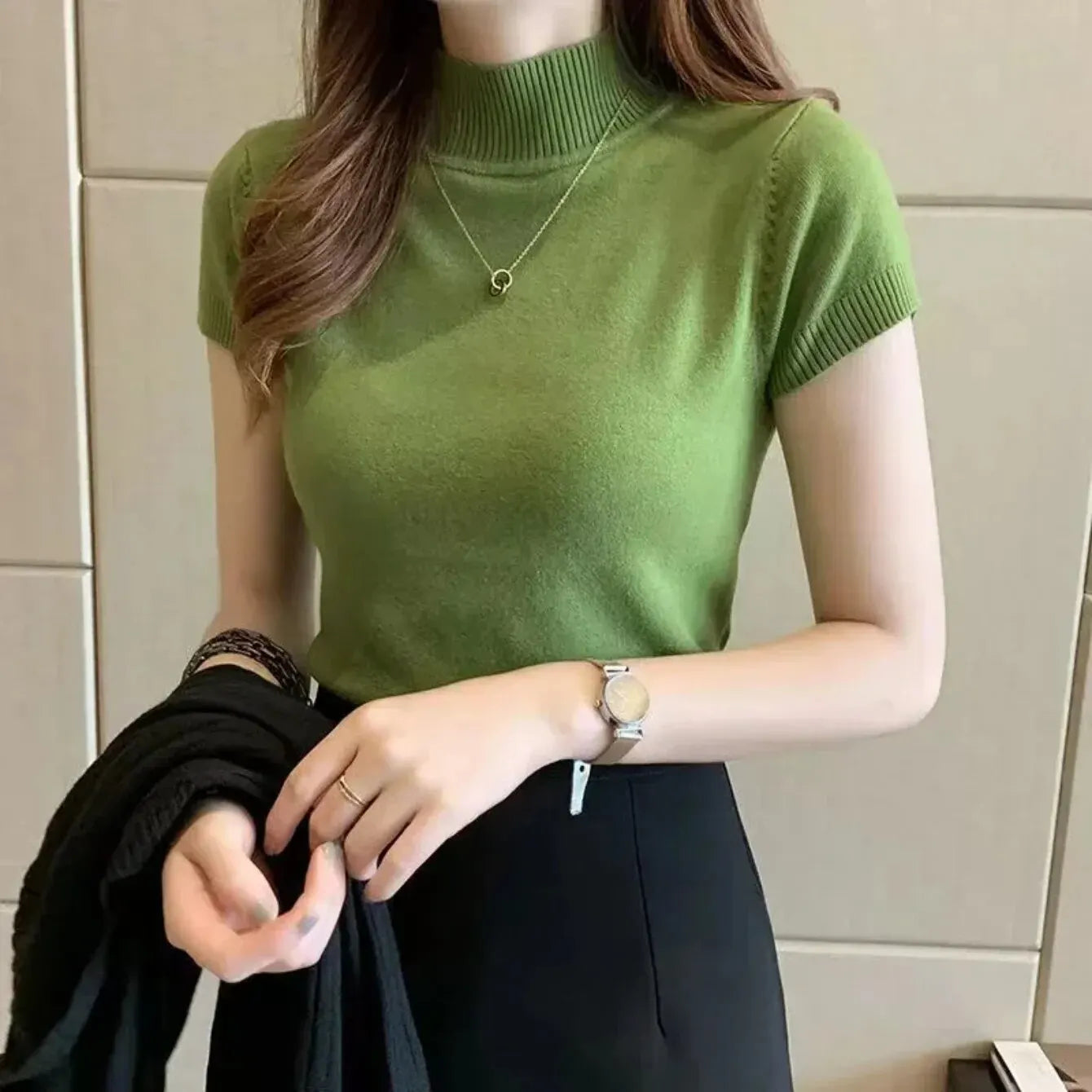 Women's Half-High Neck T‑Shirt & Jumper | Top, Korean Style, Solid Color | Spring/Summer NZ | Strylez Virtual Try-On