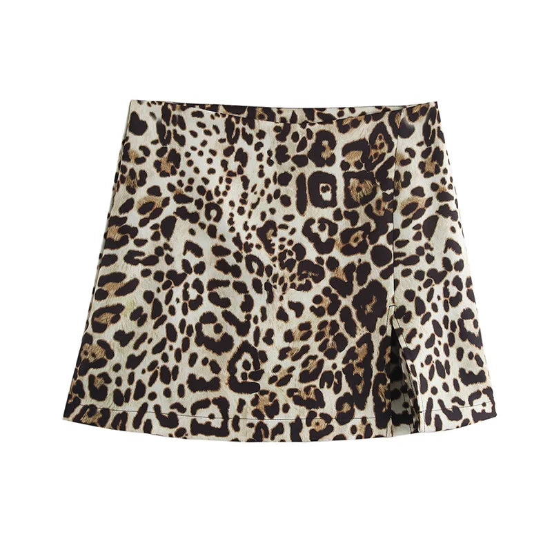 Leopard Print High-Waist Mini Skirt Shorts with Side Zipper for Women