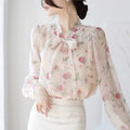 Women Pink Floral Blouse - Fall Trendy Bow Vintage Chic Puff Sleeve Stand Collar Lace-Up | NZ | Strylez Virtual Try-On